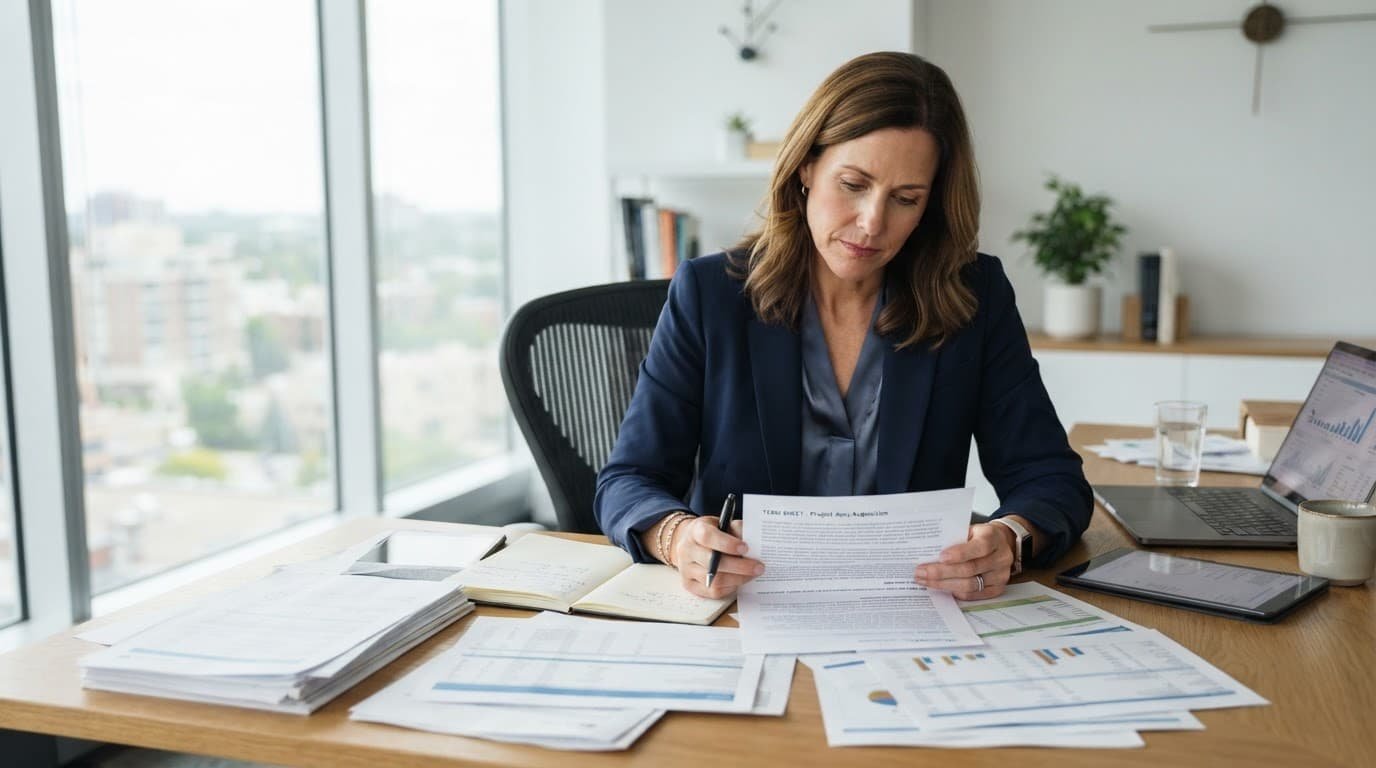 A business owner reviews financial papers at a modern desk in a bright office.
