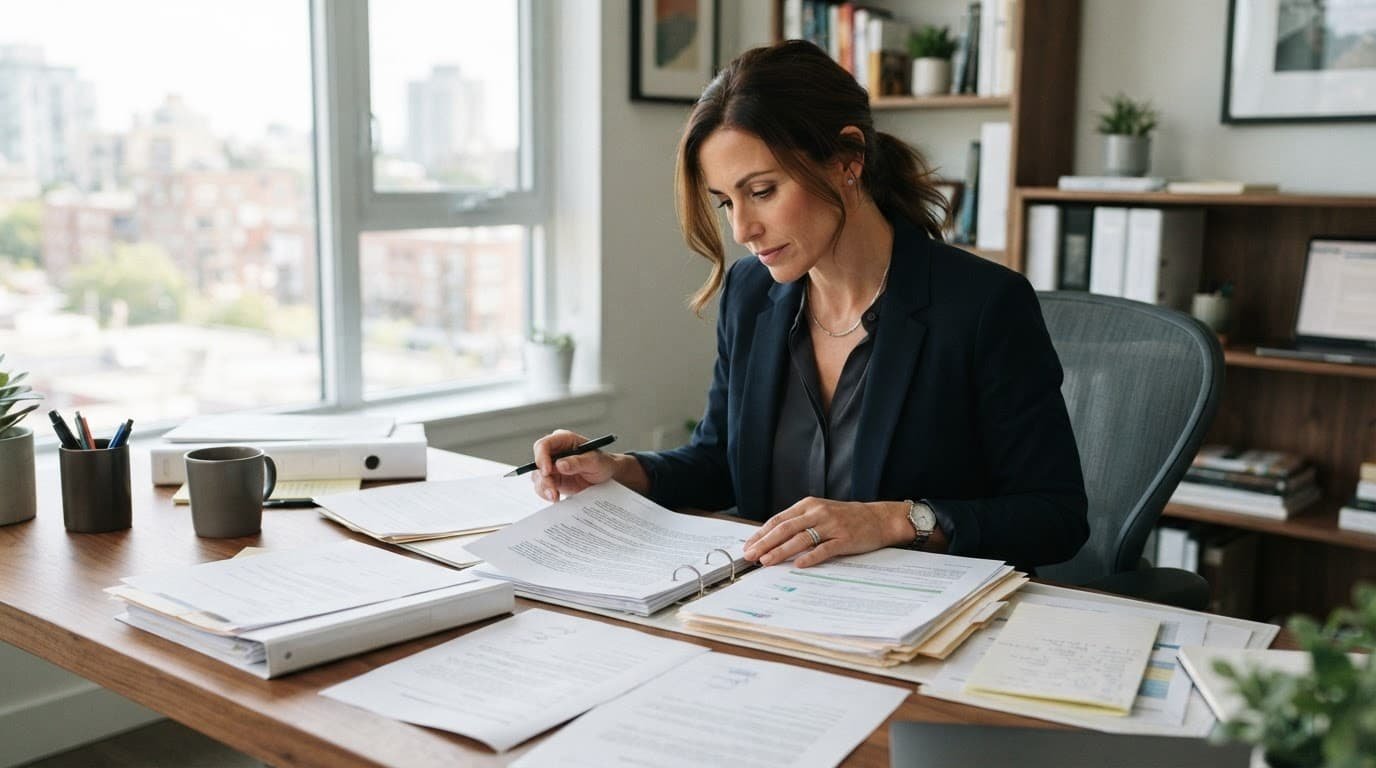 Business owner reviewing documents at a wooden desk near a bright window.