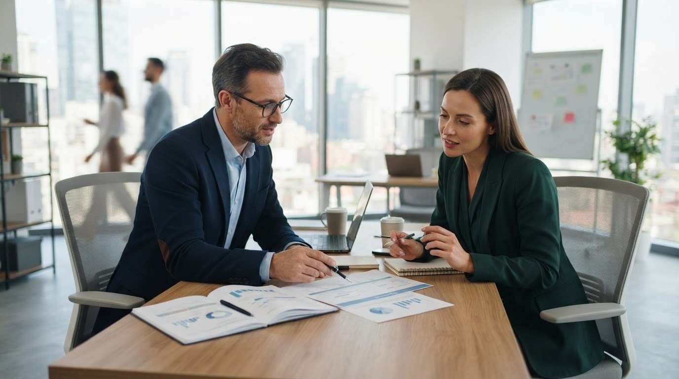 An advisor and client review documents across a desk in a bright modern office.