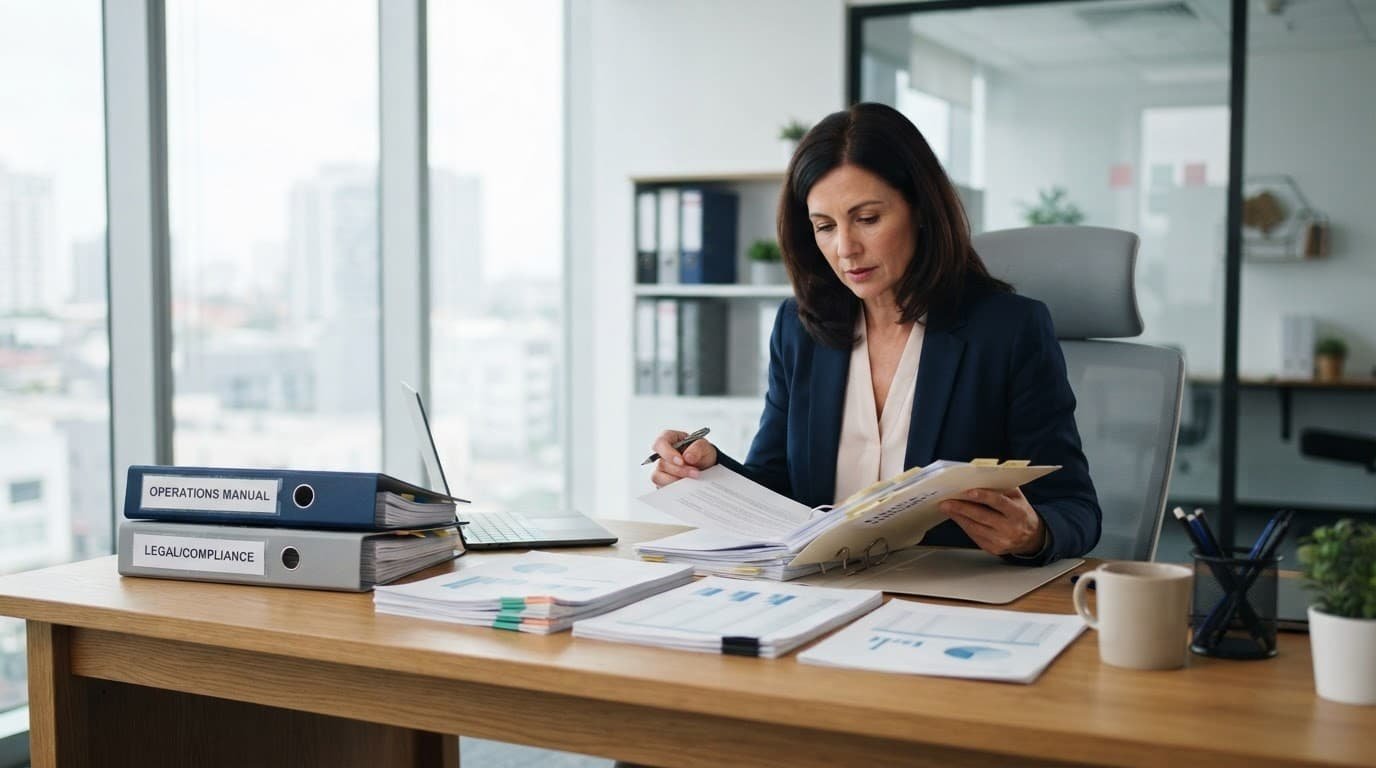Business owner reviewing organized financial documents at a wooden desk.