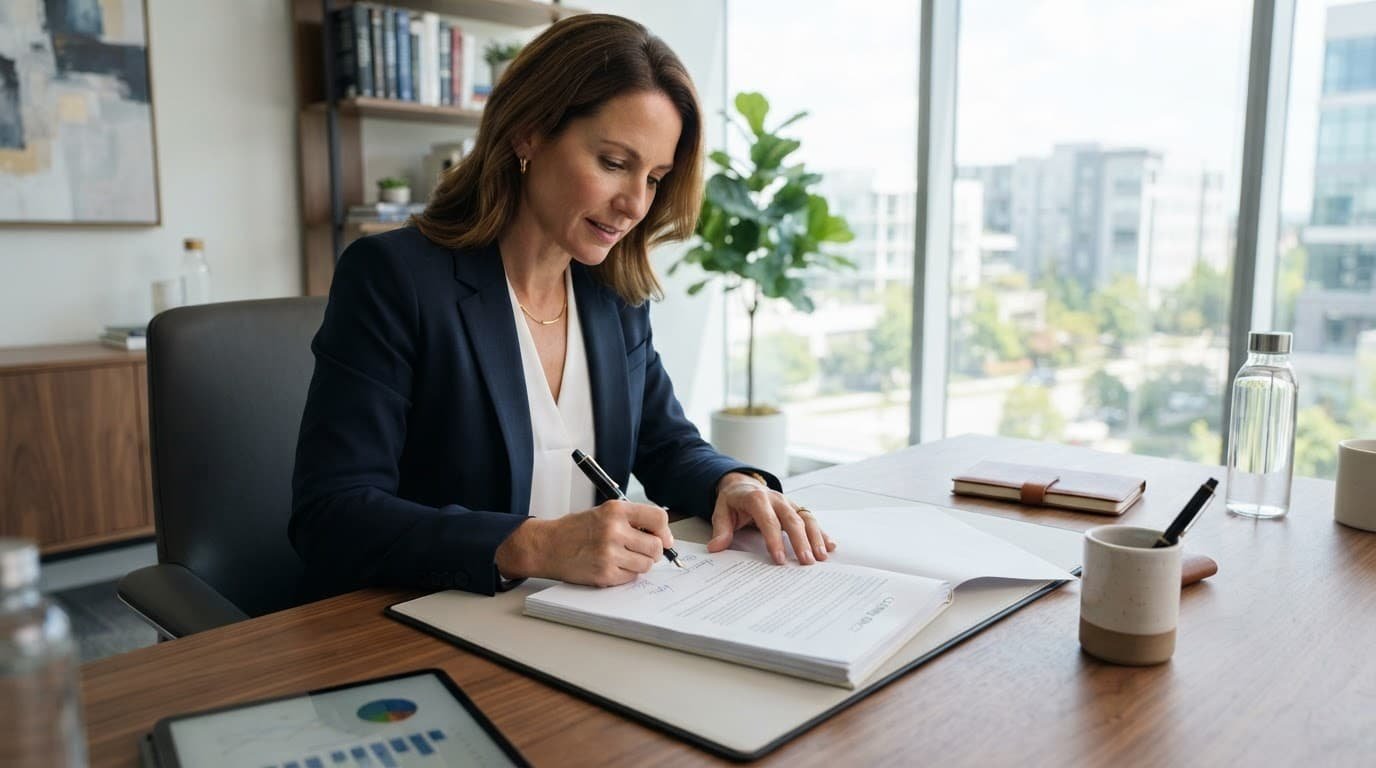 Business owner signing closing papers at a wooden desk in a bright office.