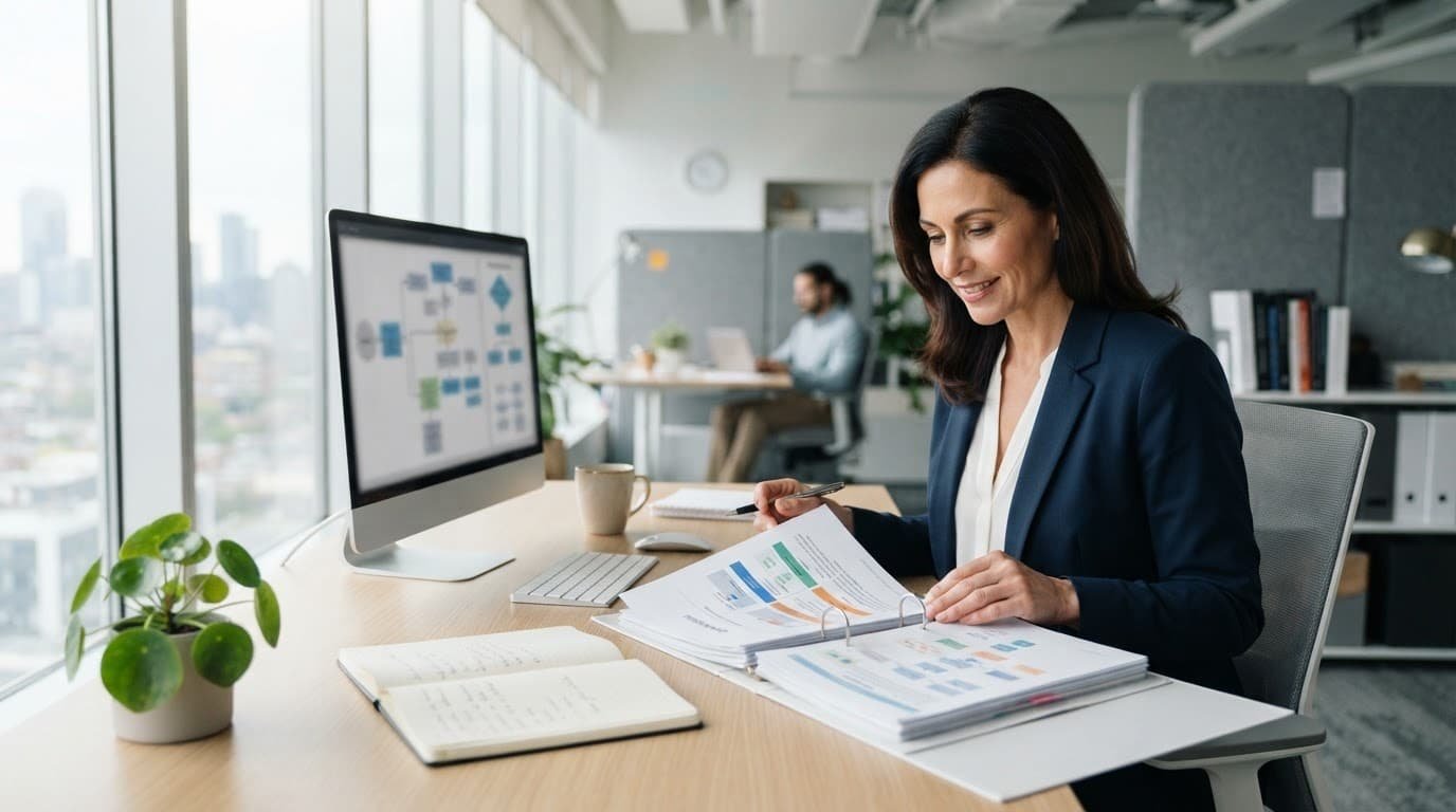 Business owner reviewing procedures at a clean desk in a bright modern office.
