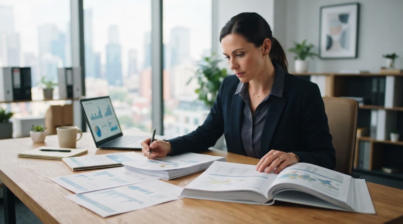 A professional reviews financial papers and appraisal reports at a wooden office desk.