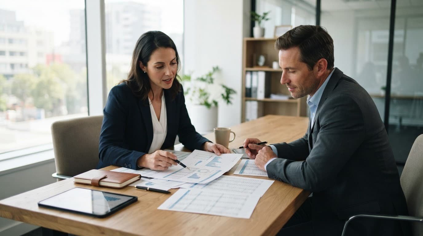 Two professionals review financial documents at a wooden desk in a bright modern office.