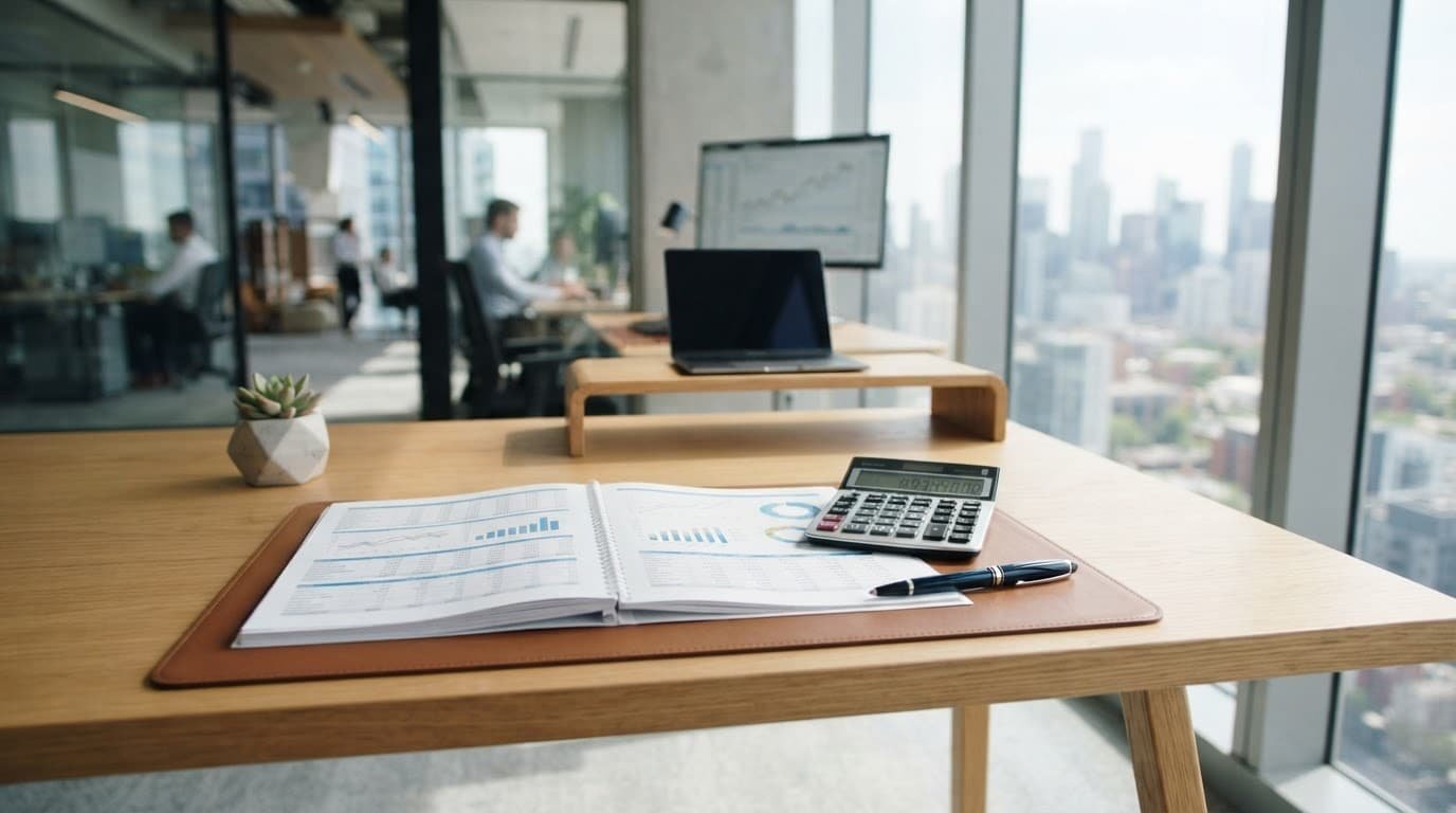 A desk with financial papers, a calculator, and a pen in a bright office.