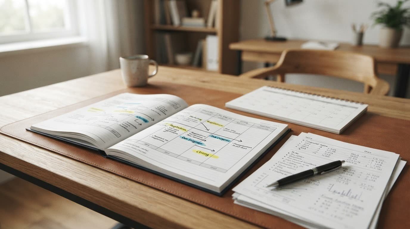 A calendar, pen, and financial notes arranged on a wooden office desk.