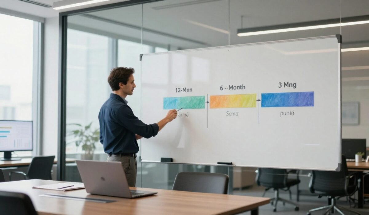 Businessperson presenting a three-stage exit timeline in a bright conference room.