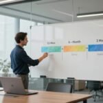 Businessperson presenting a three-stage exit timeline in a bright conference room.