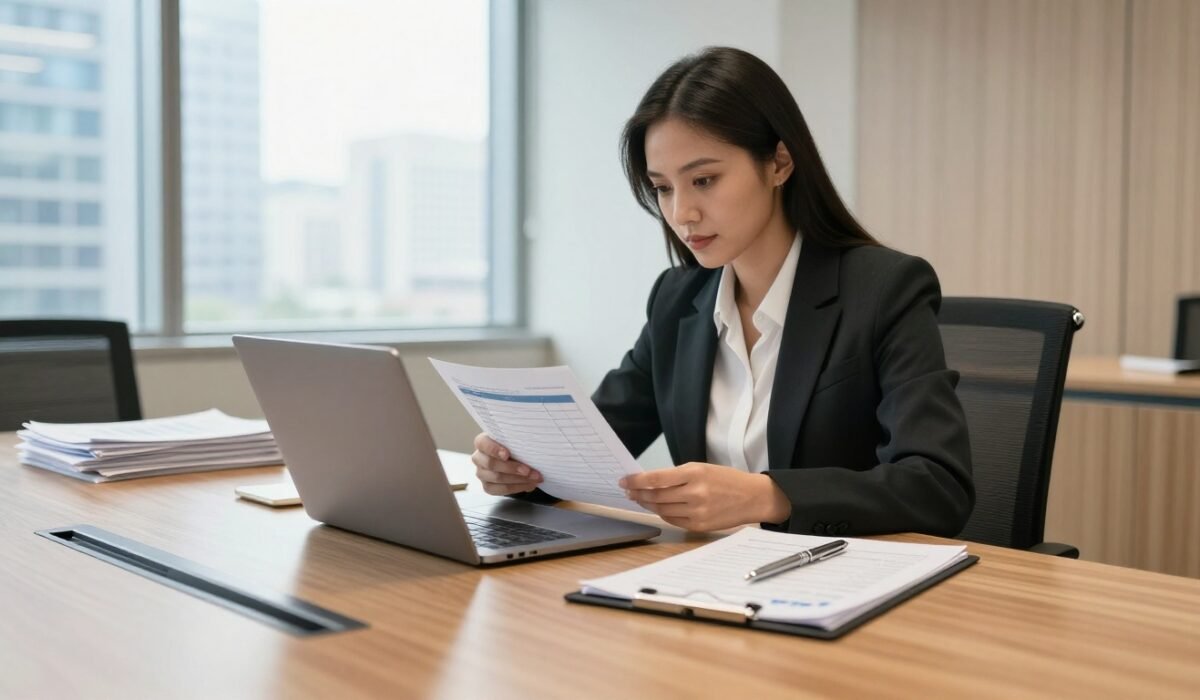 Businesswoman reviewing sale documents beside a laptop in a sunlit office.
