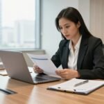 Businesswoman reviewing sale documents beside a laptop in a sunlit office.