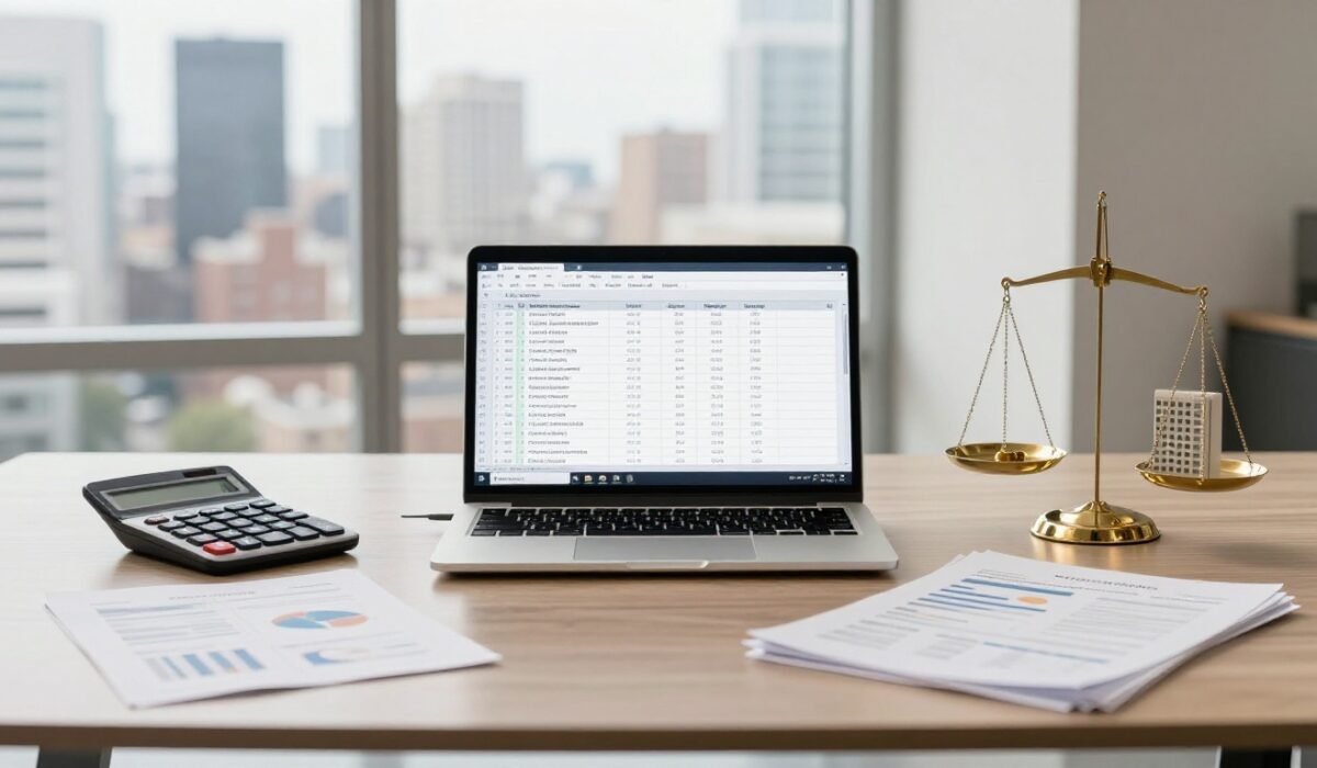 A laptop, calculator, reports, and scale sit on a glass table overlooking a city skyline.