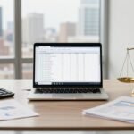 A laptop, calculator, reports, and scale sit on a glass table overlooking a city skyline.