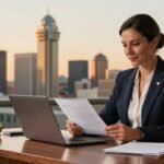 Businesswoman reviewing a contract at a desk with Dallas skyline at sunset.