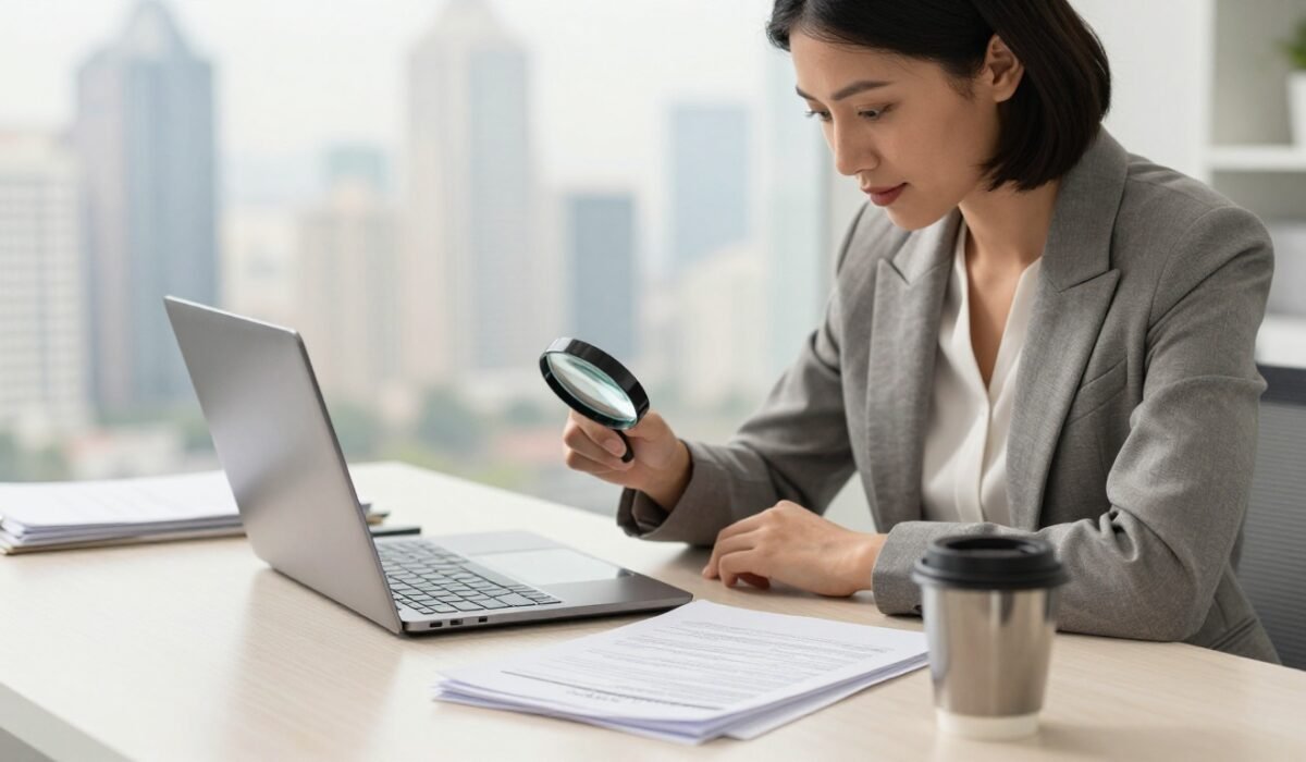 Businesswoman reviewing financial papers beside a laptop and magnifying glass.