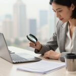 Businesswoman reviewing financial papers beside a laptop and magnifying glass.