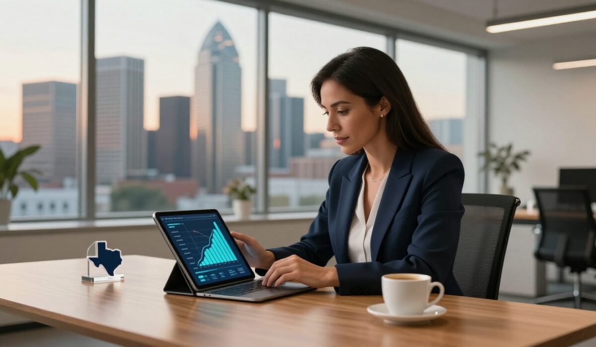 Businesswoman reviewing data on a tablet beside a Texas paperweight and coffee mug.