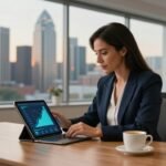 Businesswoman reviewing data on a tablet beside a Texas paperweight and coffee mug.