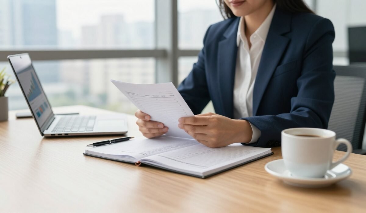 A businessperson reviews a checklist, financial charts, and coffee at an office table.