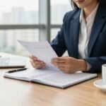 A businessperson reviews a checklist, financial charts, and coffee at an office table.