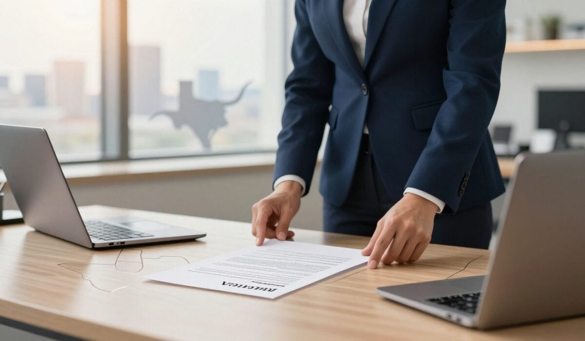 Businessperson reviewing a contract beside a laptop and calculator on a desk marked with Texas.