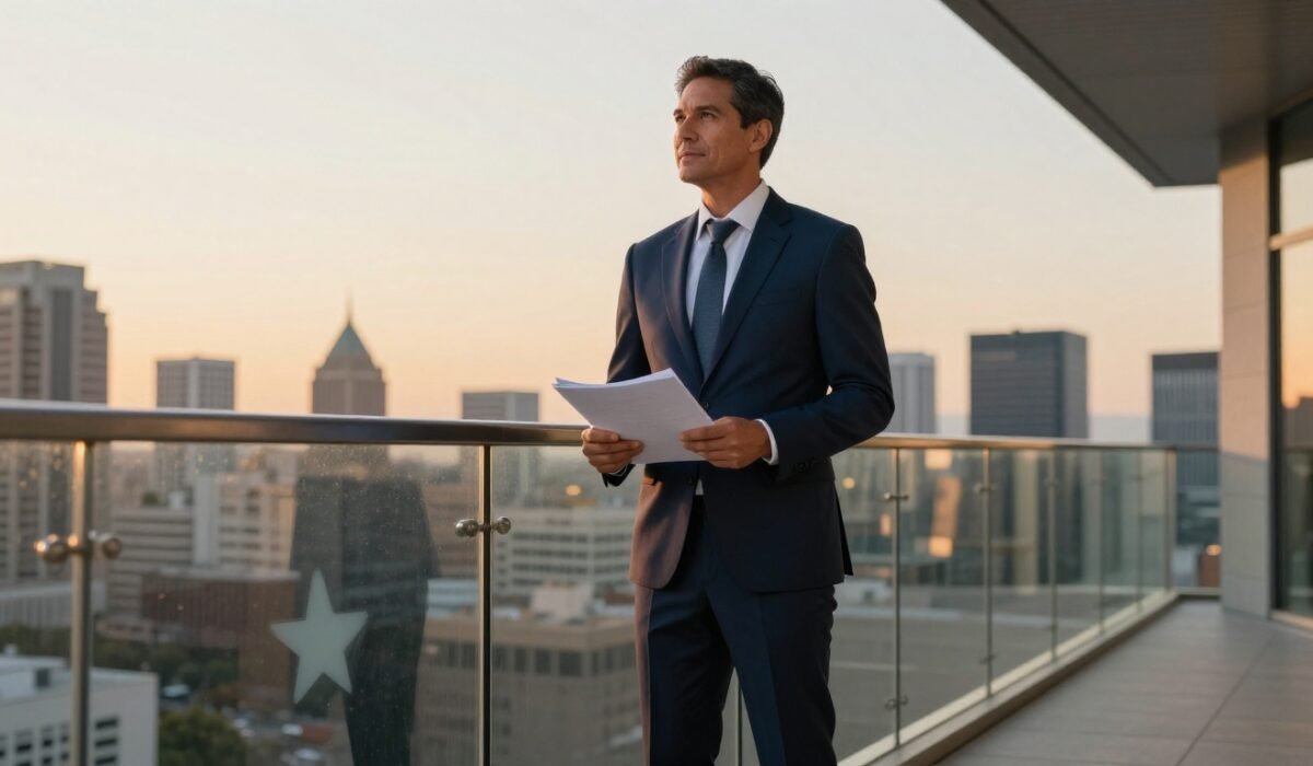 Business owner holding a folder above the Austin skyline at sunset.