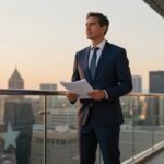 Business owner holding a folder above the Austin skyline at sunset.
