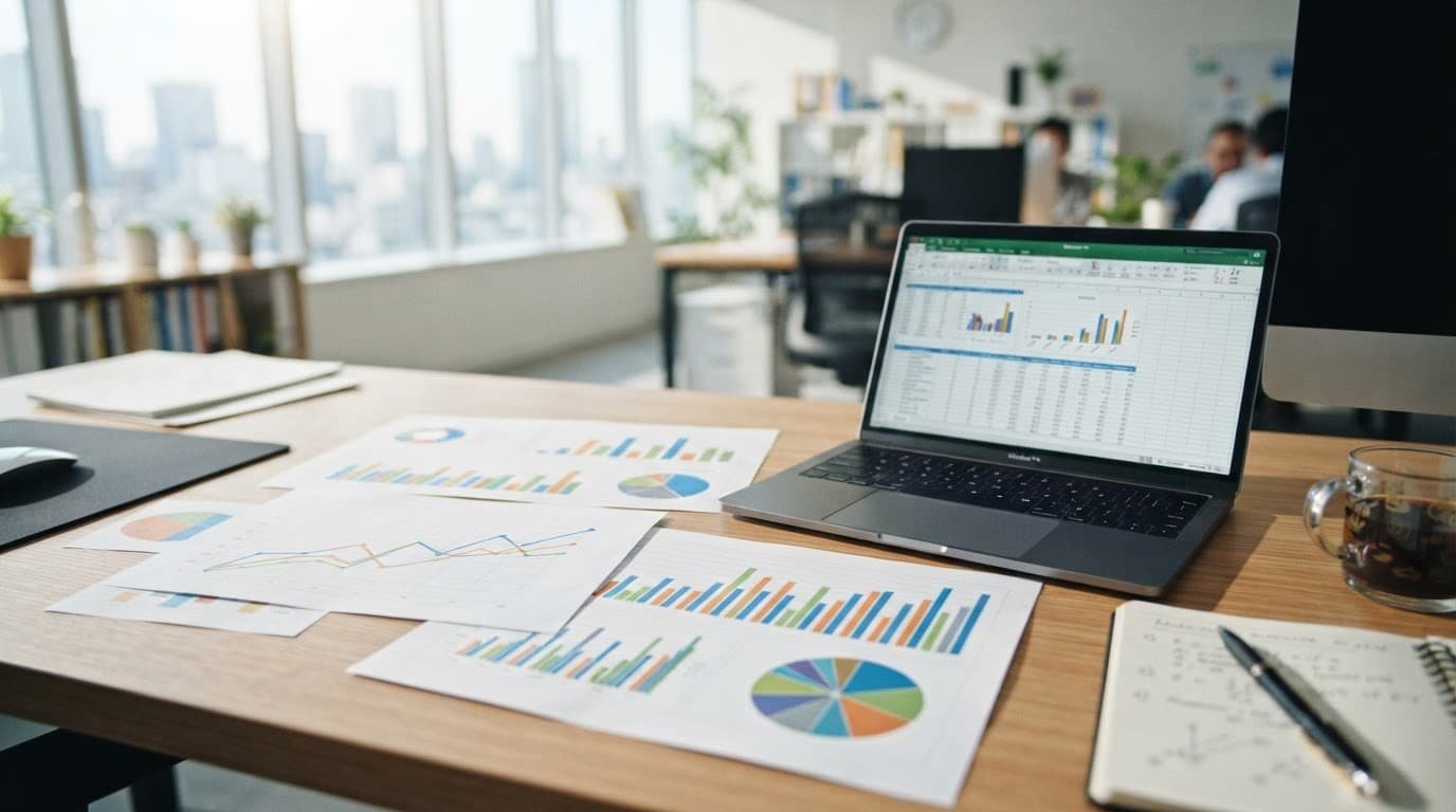 Financial charts beside an open laptop on a brightly lit office desk.