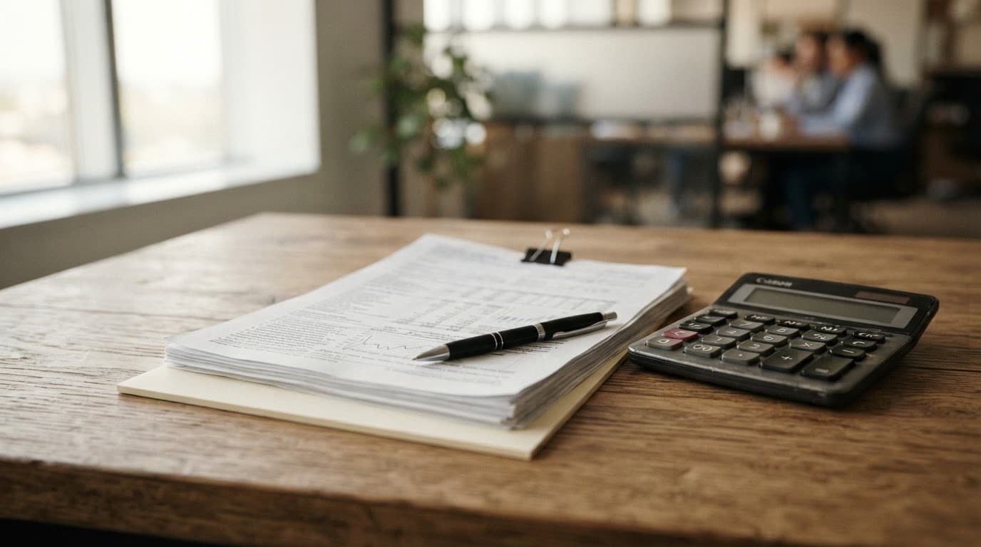 Financial papers, a calculator, and a pen sit on a wooden office desk.