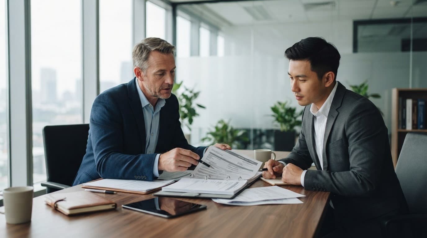 Advisor and foreign buyer reviewing documents across a wooden desk.