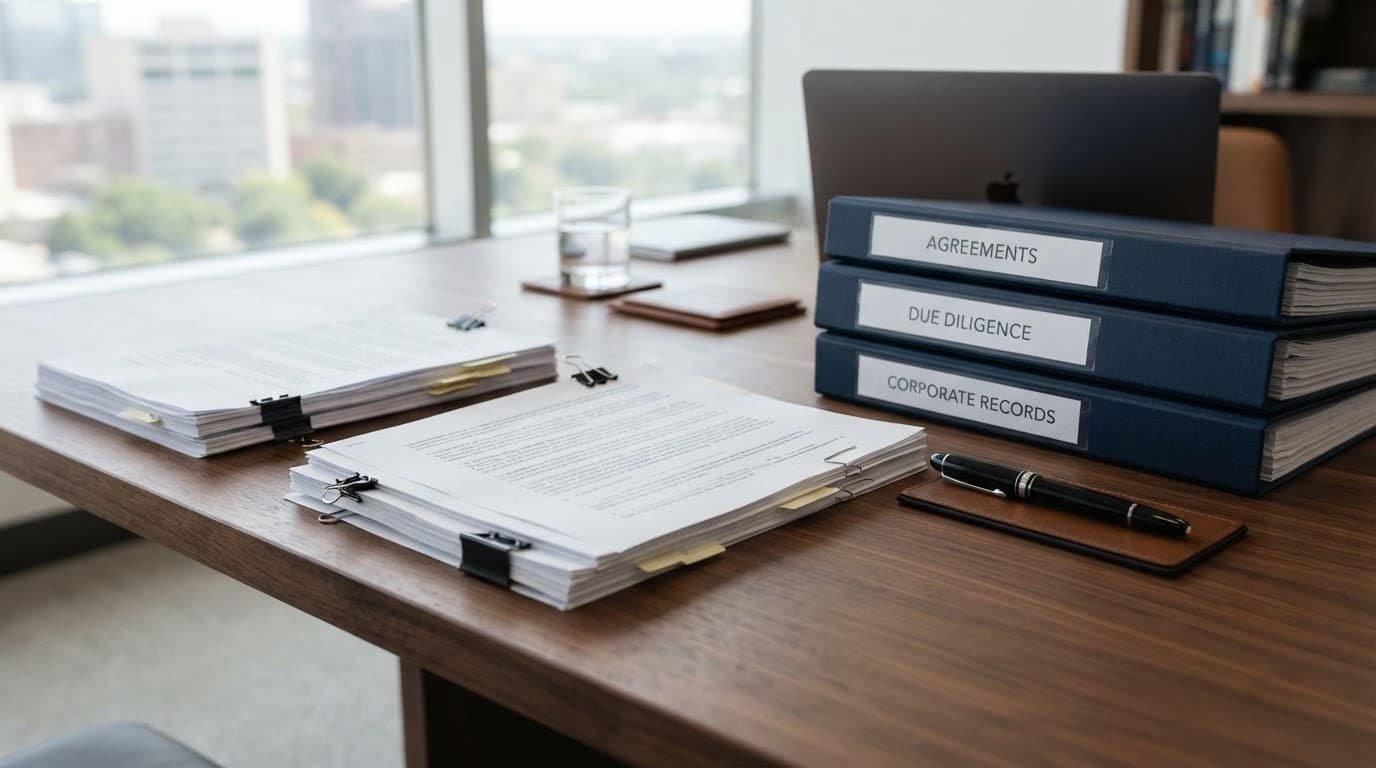 Contracts, binders, and a pen arranged on a wooden office desk.