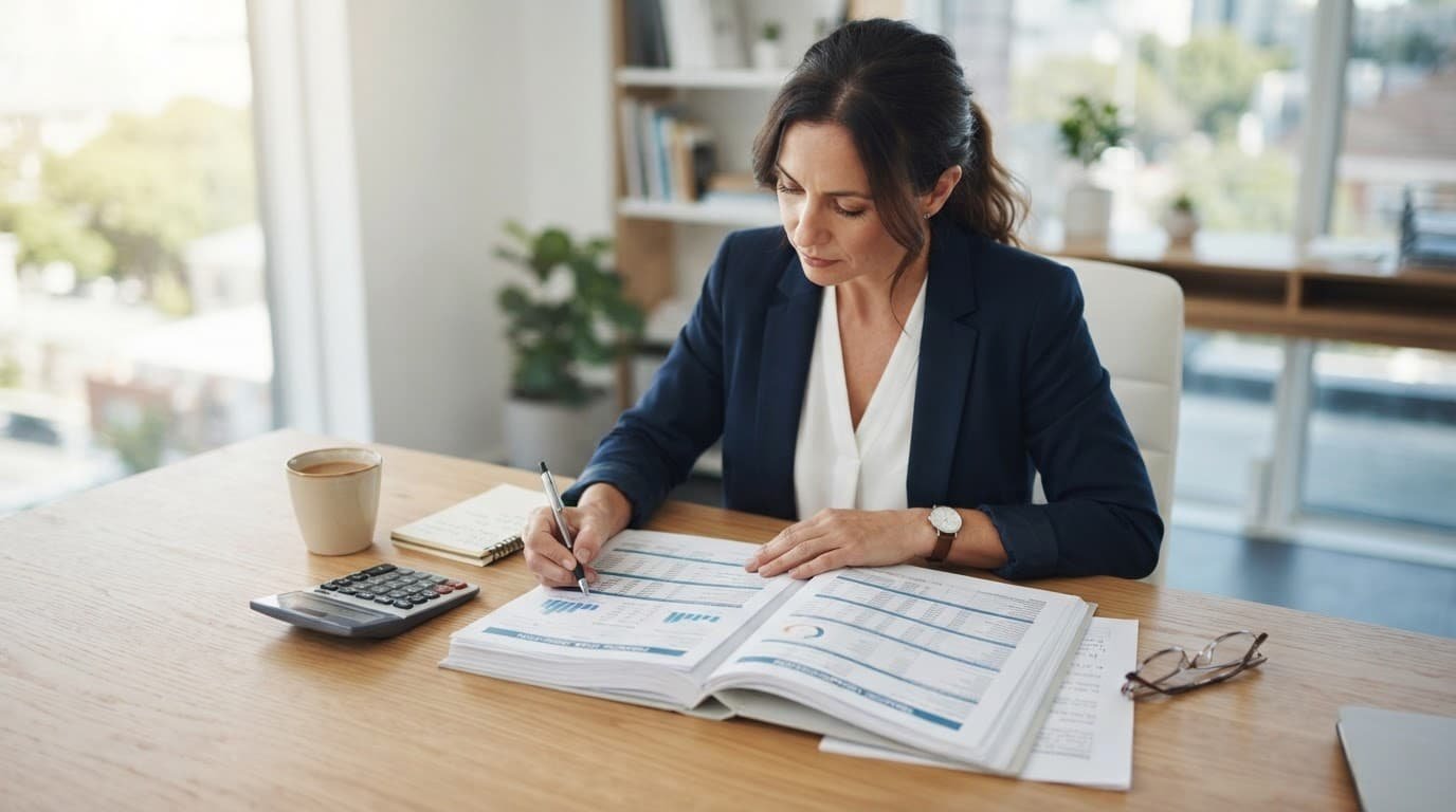 Professional reviewing loan papers beside a calculator on a wooden desk.