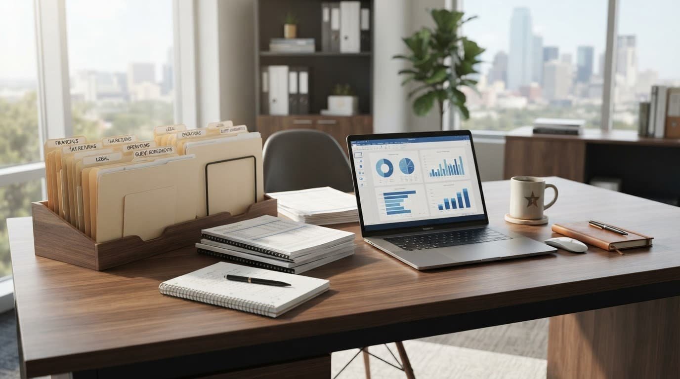 Organized office desk with folders, financial papers, and a laptop in soft natural light.
