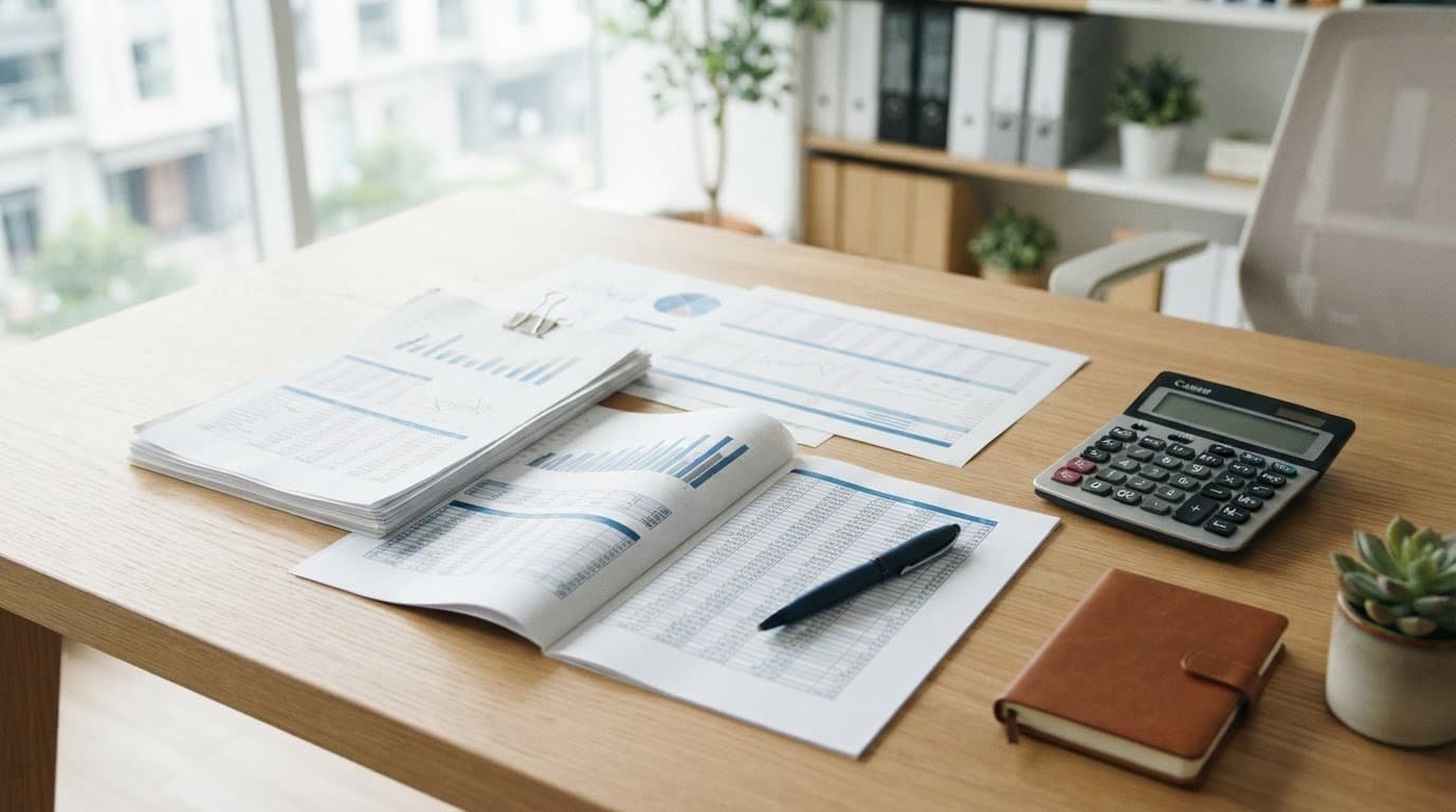 Organized financial papers, a calculator, and pen on a bright office desk.