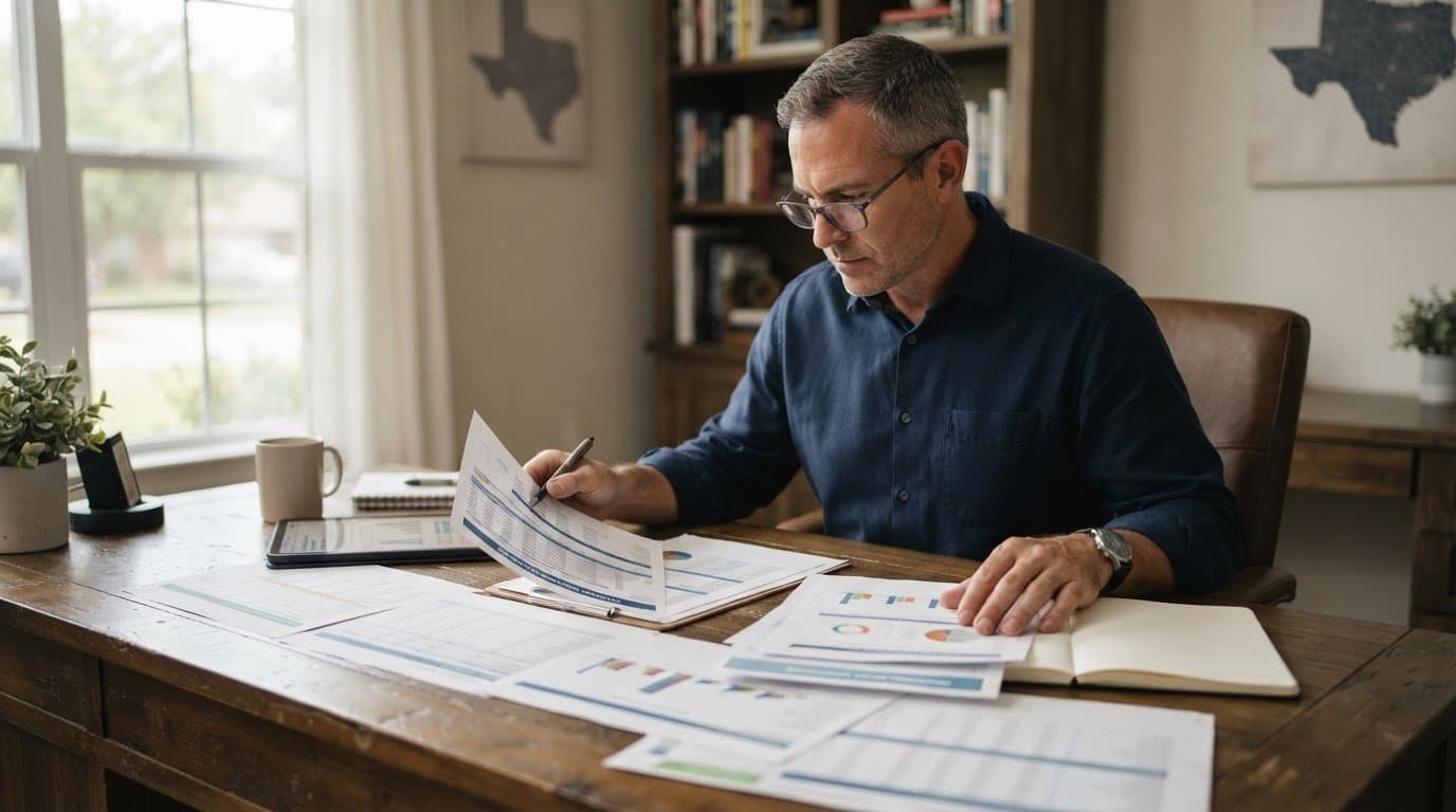 A business owner reviews financial reports and spreadsheets at a wooden desk.