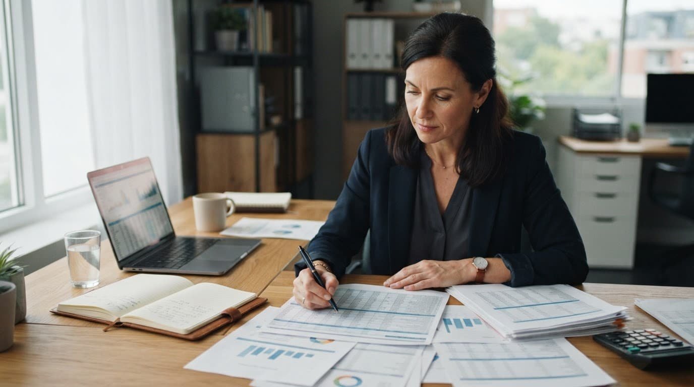 Professional reviewing financial documents and spreadsheets at a wooden desk.