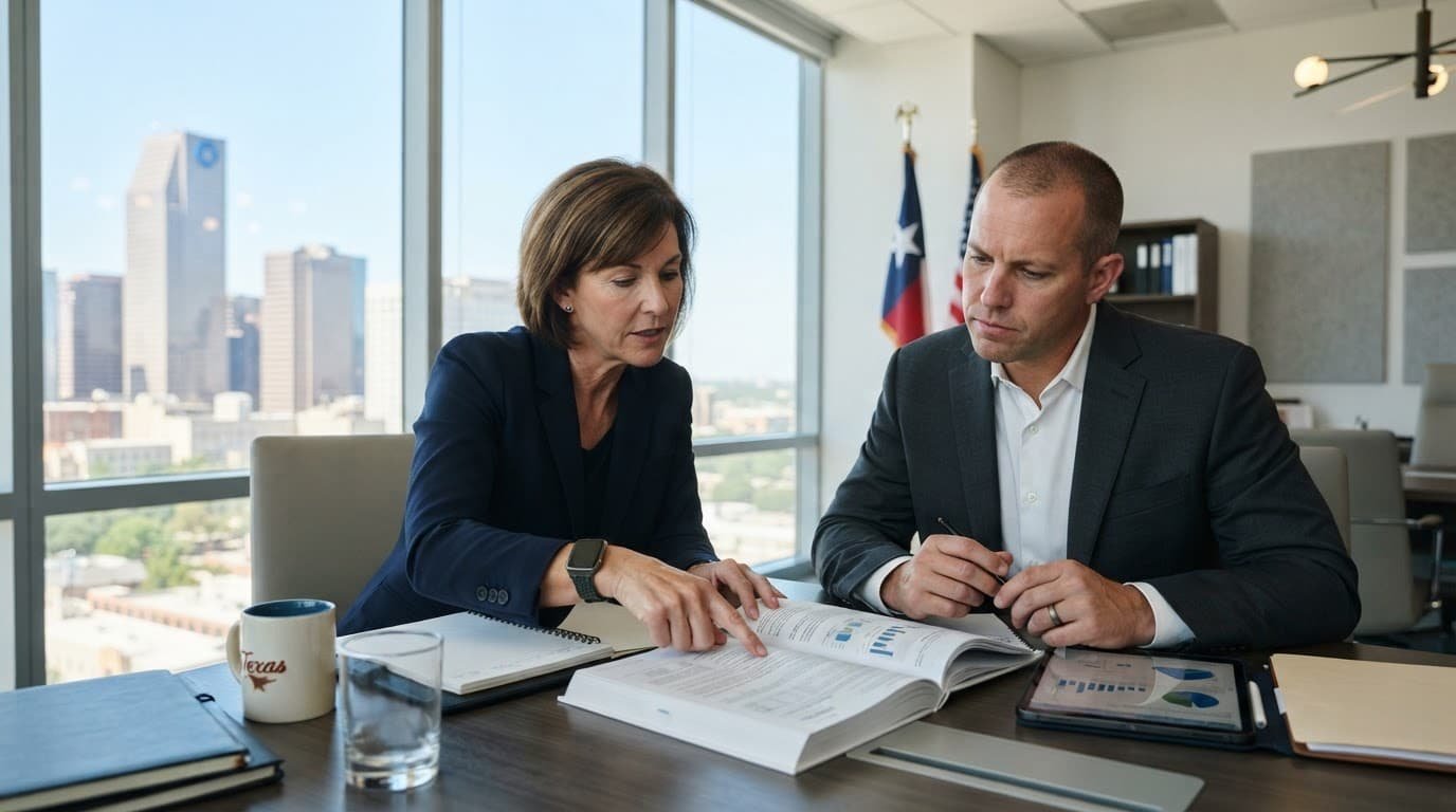 Business advisor reviewing documents at a bright modern office table.