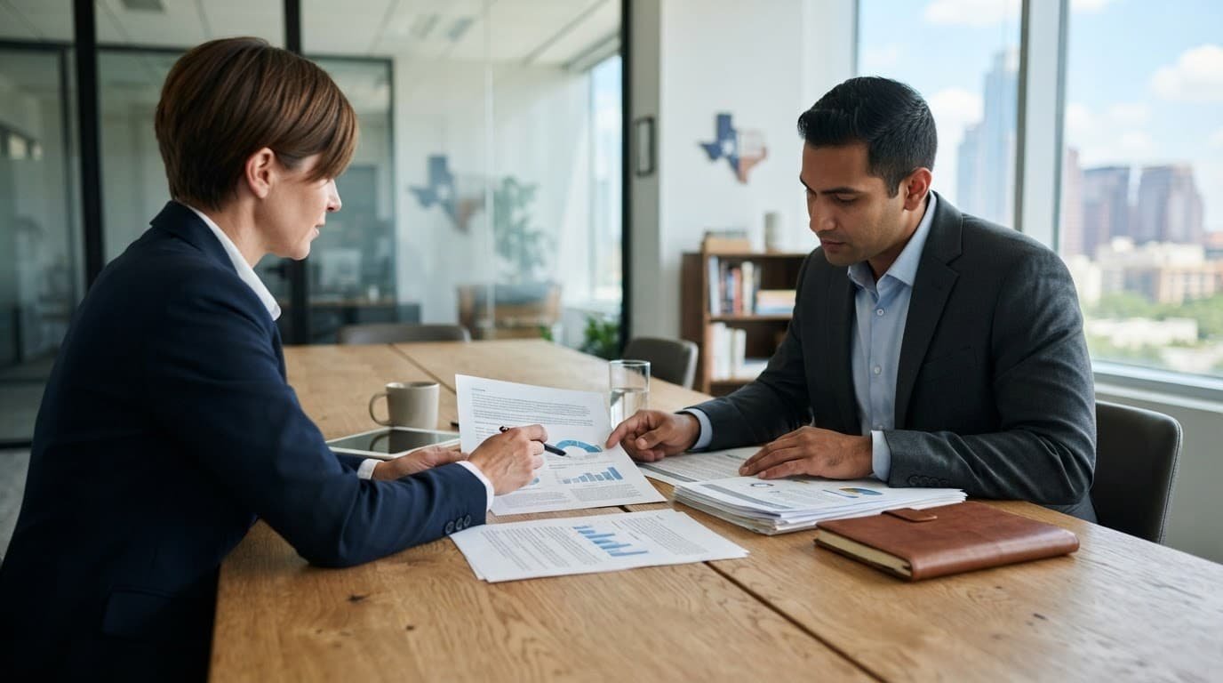 Two professionals reviewing documents at a wooden table in a bright office.