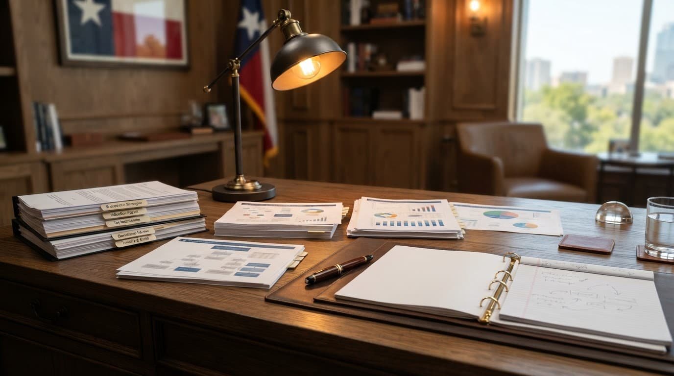 Business planning papers, a pen, and a warm lamp on a wooden office desk.