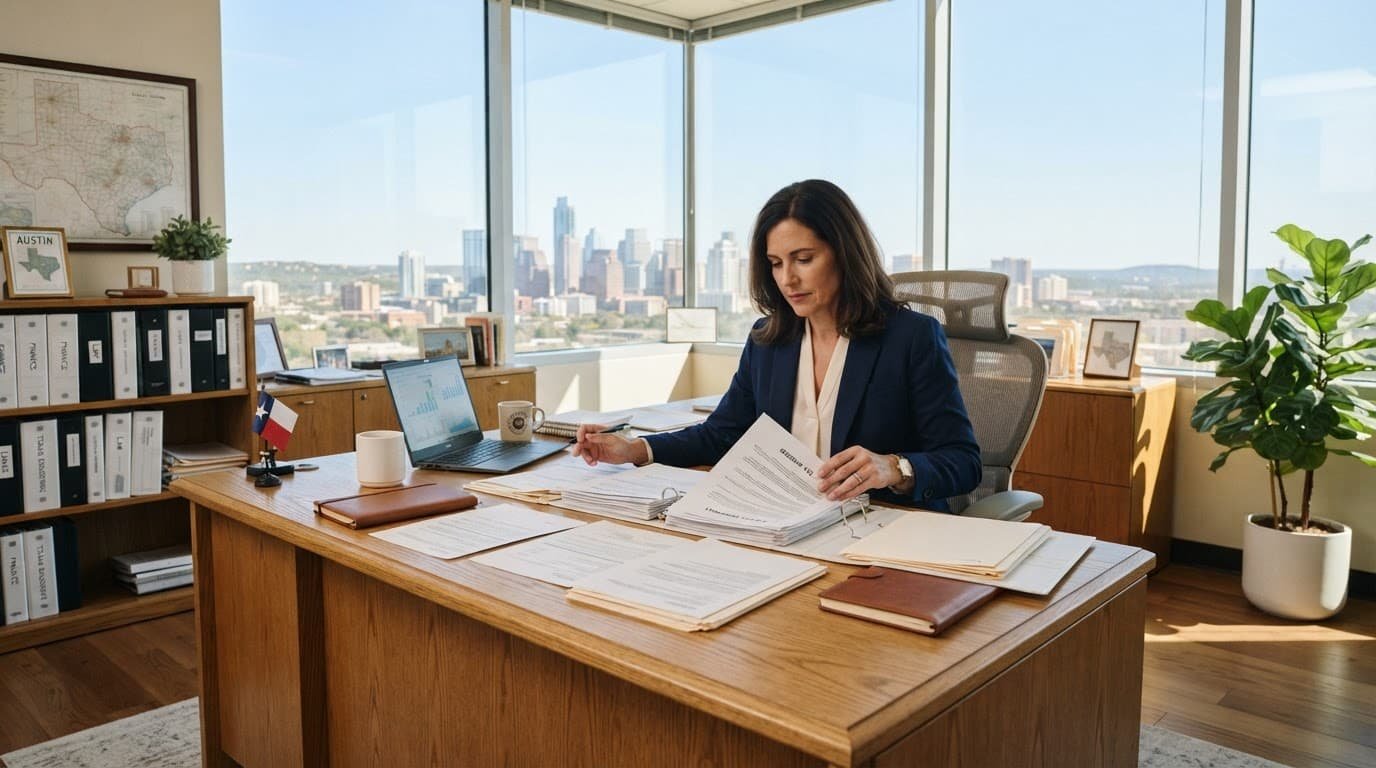Business owner reviewing tax and legal papers at a bright wooden desk.