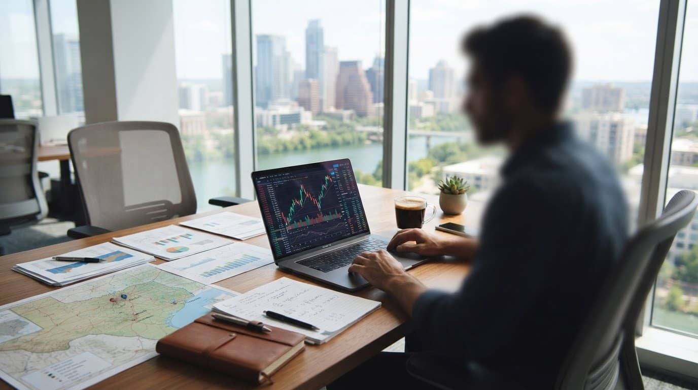 Office desk with financial papers, market charts, coffee, and a Texas map.