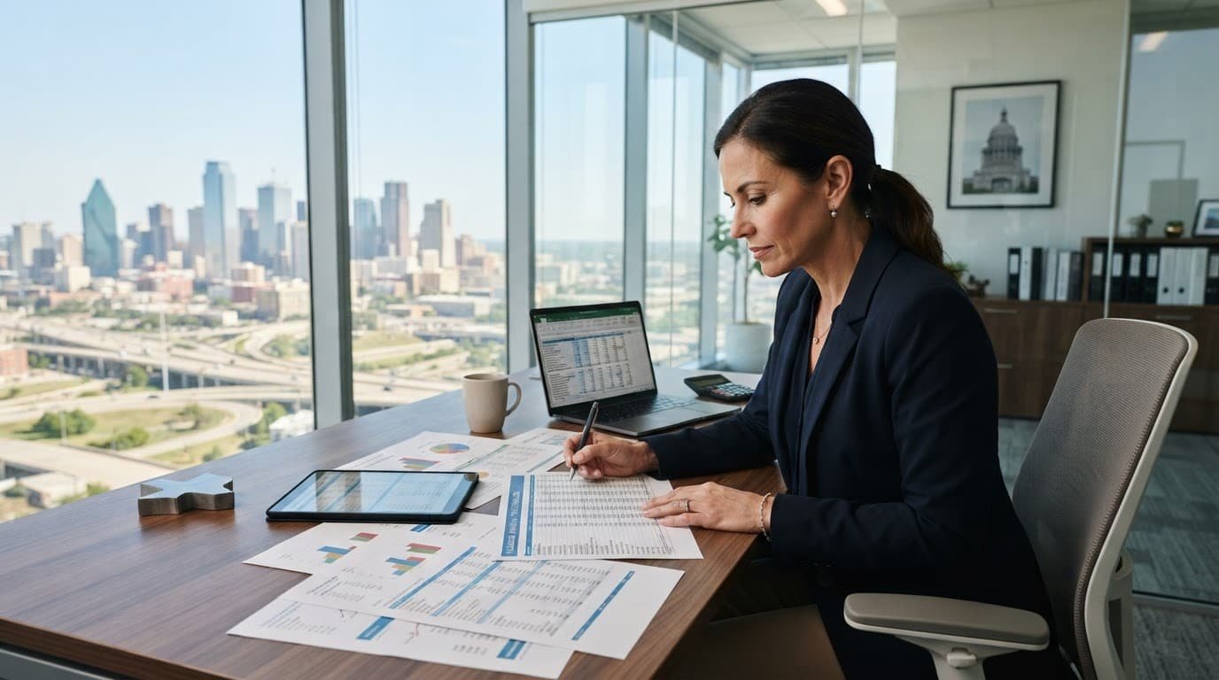 A professional reviews financial papers and charts at a modern office desk.