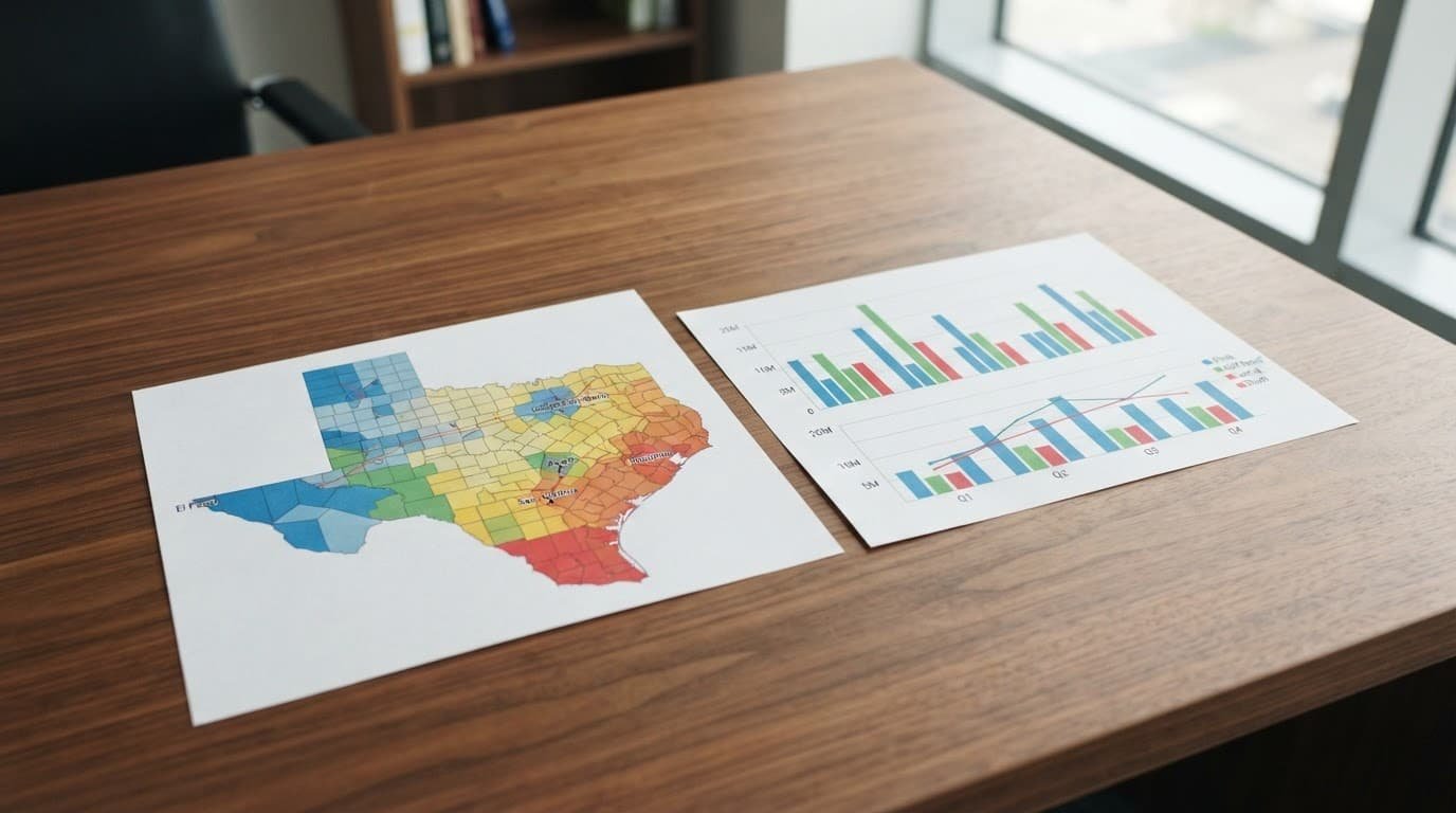 Texas map and financial charts arranged on a wooden executive desk.
