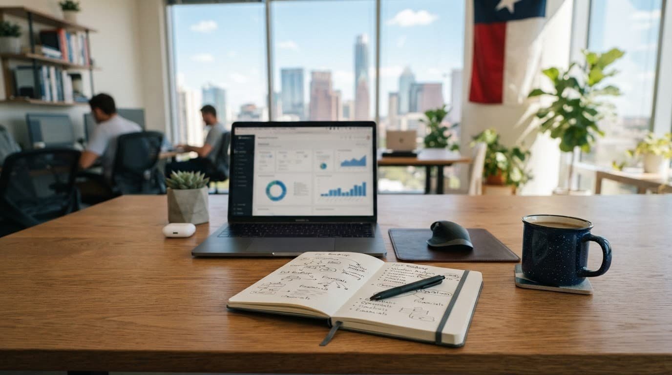 Laptop, notebook, and coffee on a wooden desk in a bright office.